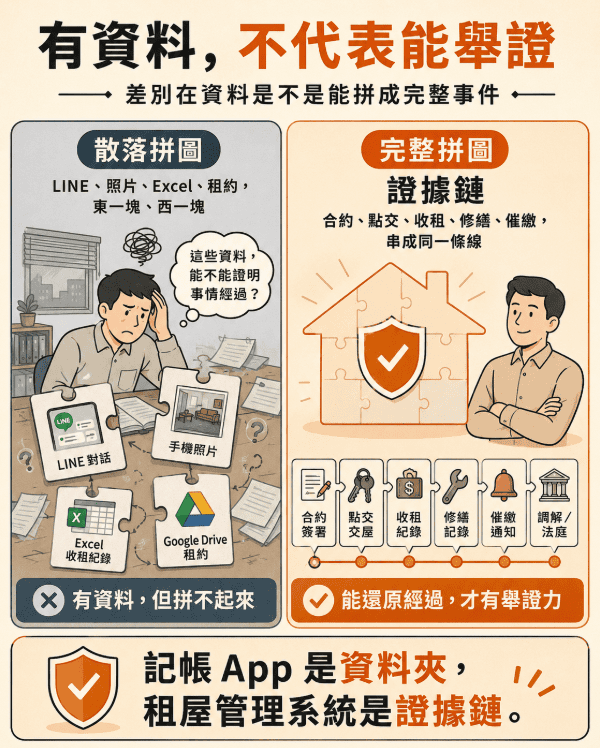 租屋管理系統比較圖，說明 LINE 對話、照片、Excel 和租約等分散資料，若無法串成合約、點交、收租、修繕與催繳的證據鏈，出事時不一定能舉證。