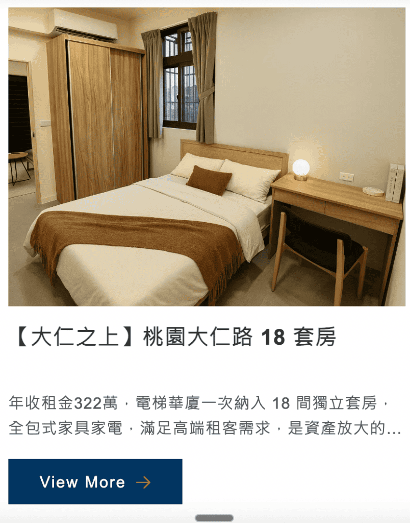 大仁之上
18 套房年收租金 322 萬，資產有系統管理後該有的樣子。
photo credit：來客資產官網
