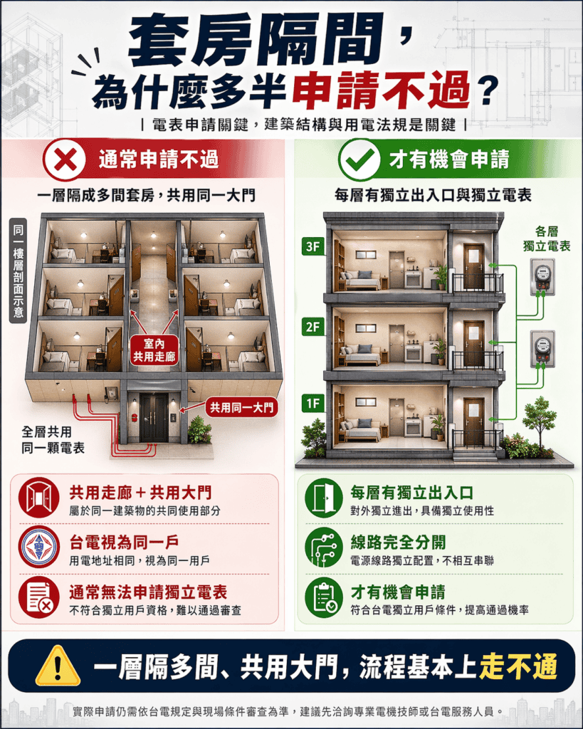為何套房隔間通常無法申請獨立電表 by JGB  ChatGPT 製圖