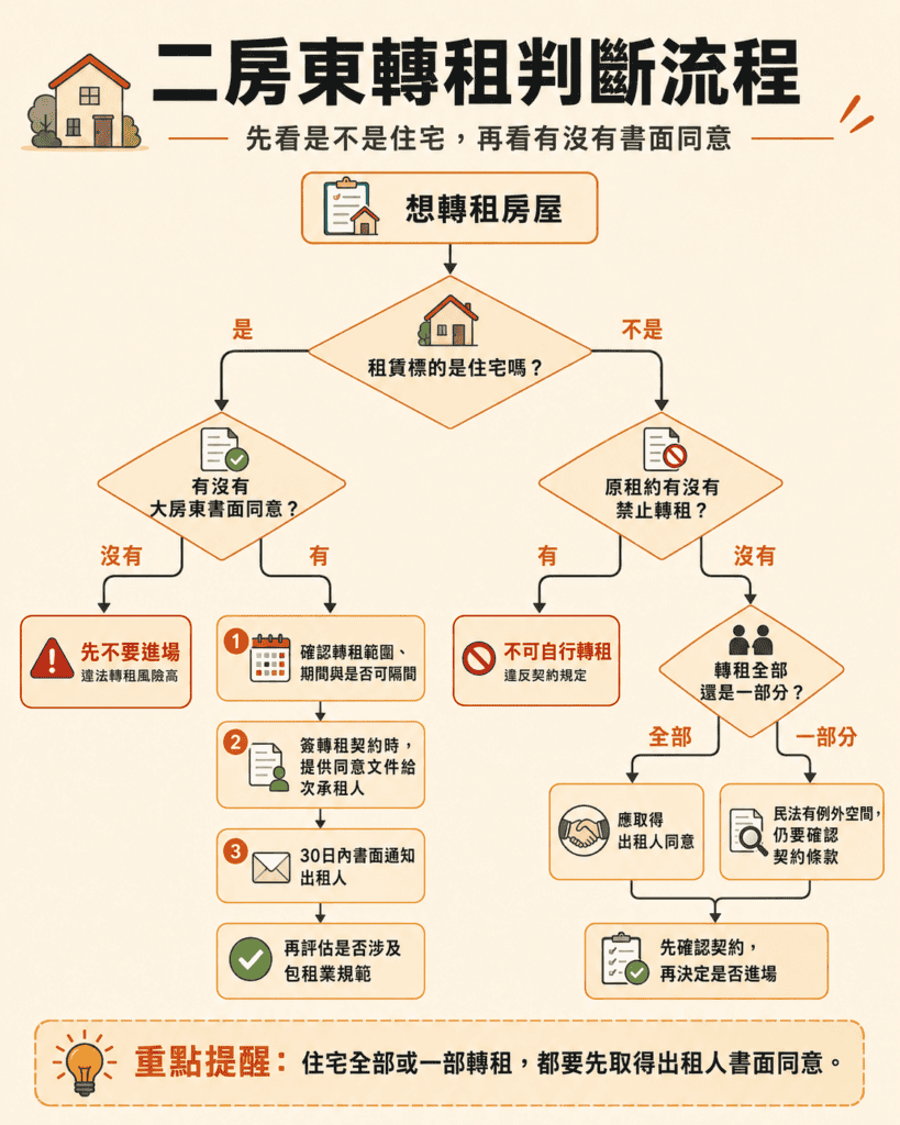 圖說：二房東轉租前，先判斷住宅性質與書面同意 by JGB 租屋管理系統