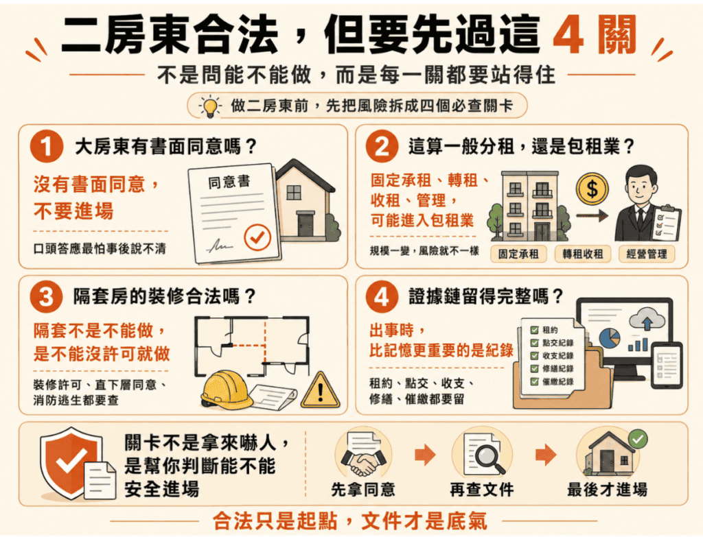 二房東合法嗎？二房東合法四關卡檢查圖,依序為大房東書面同意、判斷一般分租或包租業、隔套房裝修許可、租約收支修繕催繳證據鏈,強調合法只是起點、文件才是進場底氣 製作 by JGB 租屋管理系統