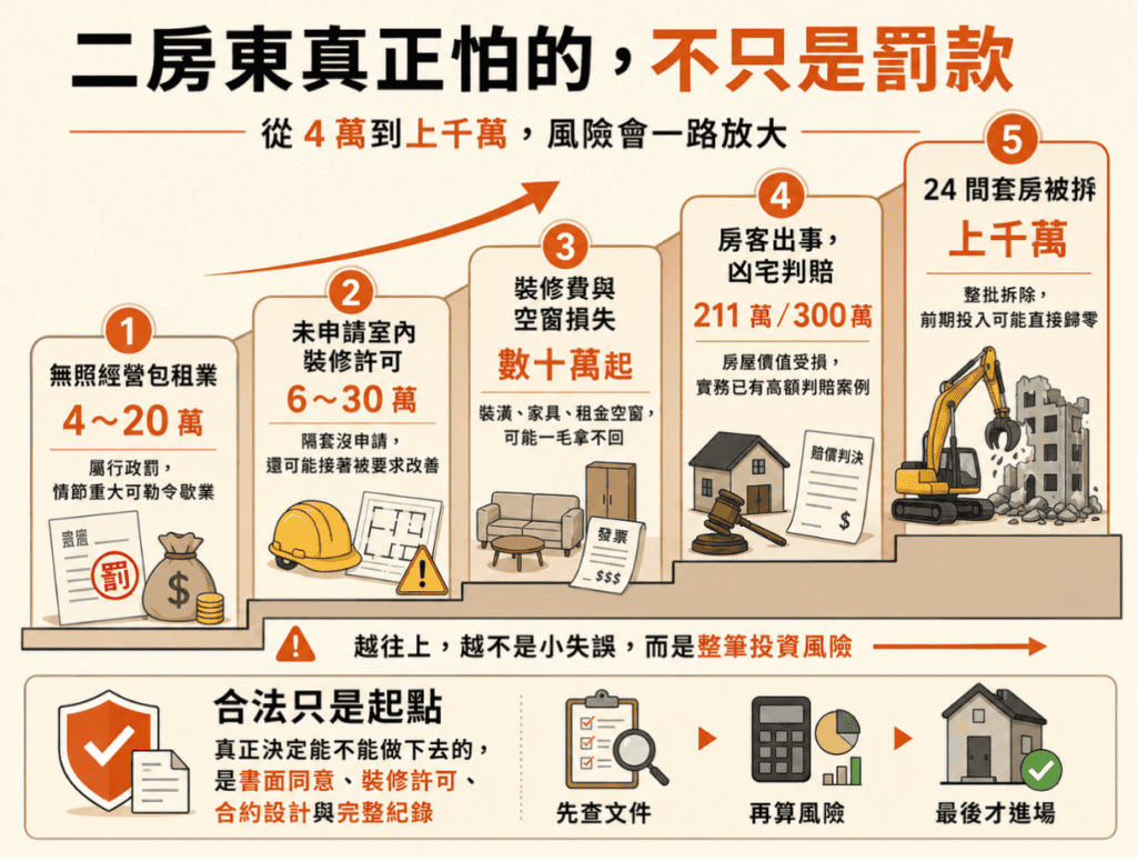 alt:二房東風險金額階梯圖,由低到高為無照經營包租業罰 4 到 20 萬、未申請室內裝修許可罰 6 到 30 萬、裝修與空窗損失數十萬、凶宅判賠 211 萬與 300 萬、24 間套房被拆損失上千萬,說明合法只是起點,書面同意、裝修許可、合約設計與完整紀錄才決定能不能做下去 by JGB 租屋管理系統